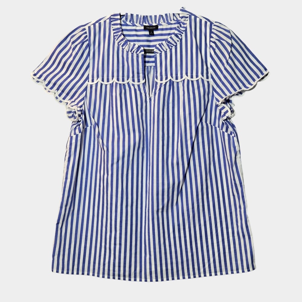 Talbots Ruffle Neck Scallop Trim Blouse Blue White Striped M Preppy Coastal